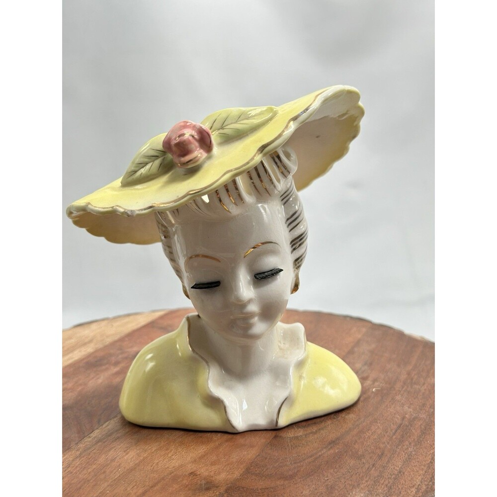 Head Vase Glamour Lady Girl Yellow Hat Pink Flower Lashes Gold Gilt